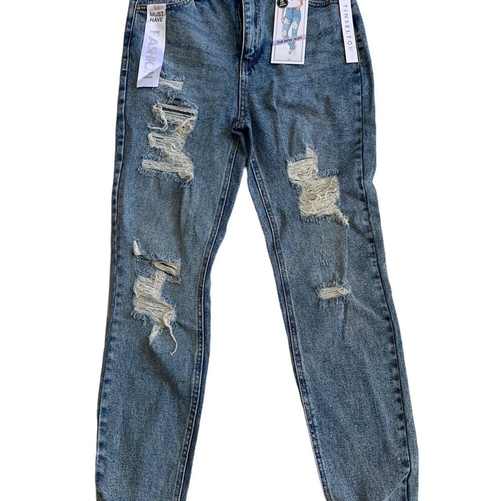 Tinseltown Mom Jeans Women's Distressed High-Rise Straight Leg Blue Denim NEW